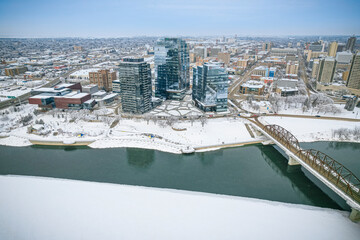 Fototapeta na wymiar Downtown Aerial View of Saskatoon in Winter