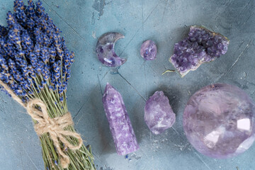 Healing crystals on brown background