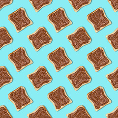 seamless bread pattern with chocolate paste on a blue background. Popular desser food