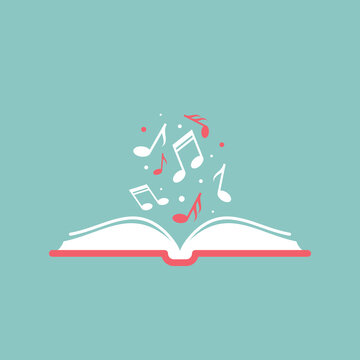 Audio book logo. Red opened book with music note on pouder blue background. Flat vector illustration. Internet education online logo. Study, learn online concept. Listen audio book.