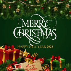Fototapeta na wymiar Merry Christmas and New Year 2023 with leaves and Santa gift decor background 
