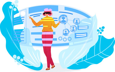 Future digital business concept, female character control virtual reality display monitor isolated on white, flat vector illustration.