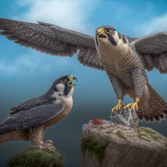 Peregrine Falcons family on the rocks at the top of a cliff