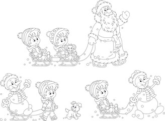 Vector black and white cartoon set of sledding Santa Claus, a funny toy snowman and happy little kids with a merry small pup playing in a snowy park on winter vacation