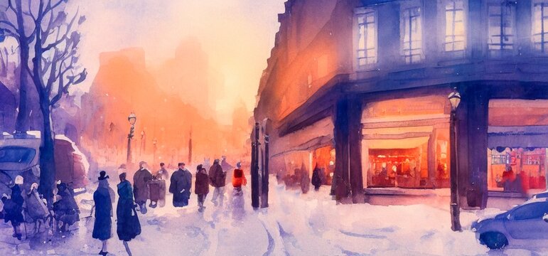 Ai-generated Image Of A Busy Street In Paris In Winter Watercolor Landscape