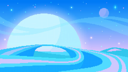 Cartoon planets and stars background in pixel art style