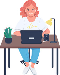 Self-employed woman semi flat color raster character. Sitting figure. Full body person on white. Successful woman in workplace simple cartoon style illustration for web graphic design and animation