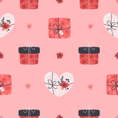 Fototapeta na wymiar Gift boxes with hearts seanless pattern. Love, wedding, Valentine's day concept. Flat, hand drawn texture for wallpaper, textile, fabric, paper. Hand drawn vector illustration