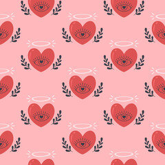 Hearts seamless pattern. Valentines Day, romantic and love element. Heart with eye and flowers. Flat, hand drawn texture for wallpaper, textile, fabric, paper. Hand drawn vector illustration