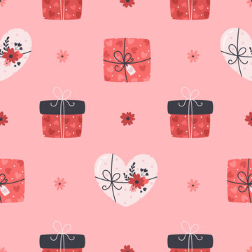 Gift boxes with hearts seanless pattern. Love, wedding, Valentine's day concept. Flat, hand drawn texture for wallpaper, textile, fabric, paper. Hand drawn vector illustration