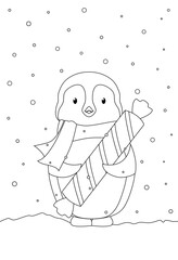 Coloring book for children. Penguin with candy. Vector illustration. Christmas Greeting Card.