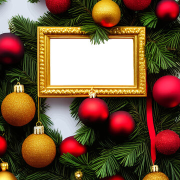 White canvas with frame on Christmas pine tree with golden ornaments. Gold frame for photographs among garlands white and transparent background. Living room interior decorated for Chistmas