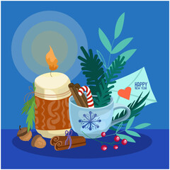 Vector christmas illustration. Composition with a candle and a cup, cinnamon, berries, winter cozy home. Happy new year design for congratulations, postcards, posters