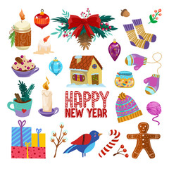 Vector illustration. Set of New Year stickers for design on a white isolated background. Wreath, candle, house, cup, Christmas toys, gifts, candy, ball, decor, warm things
