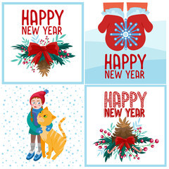 Vector set of winter illustrations. Winter cards and greetings. Children's illustration. 