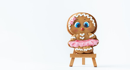 Christmas gingerbread man with white icing isolated on white background. Homemade festive traditional gingerbread cookies. Gingerbread girl. Merry Christmas