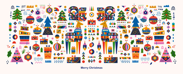Big Christmas set in Scandinavian style with deers and Christmas trees. © moleskostudio