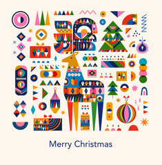 Christmas card in Scandinavian folk style with decorative deer and Christmas trees.