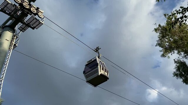 Rollers on the support for the movement of the funicular on the cable car. The movement of ropes and rollers on the cable car. Funicular movement. High quality FullHD footage