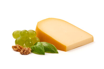 Hard Dutch gouda cheese, isolated on white background.