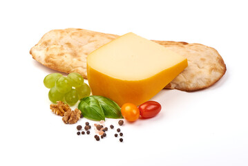 Hard Dutch gouda cheese, isolated on white background.