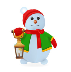 Snowman with a flashlight.  3d clothes, hat, christmas symbol snowman, flashlight. High resolution vector	
