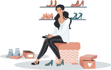 Woman character sitting store trying shoes, female fitting collection fashion boots isolated on white, cartoon vector illustration.