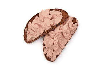 Liver pate sandwich, close-up, isolated on white background