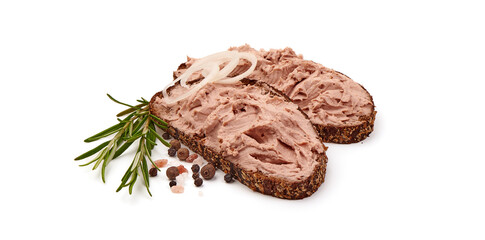 Liver pate sandwich, close-up, isolated on white background