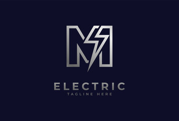 Electric Logo, letter M with thunder bolt combination, electric design logo template, vector illustration