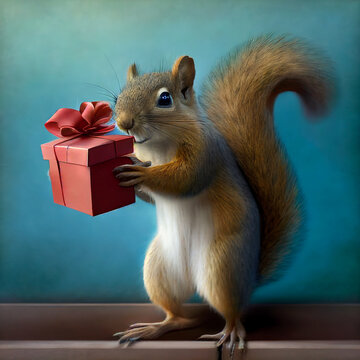 Birthday gift. Squirrel holding a christmas gift. Squirrel with a birthday present. Christmas present