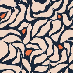 Gardinen Pflanzen Muster  Matisse inspired abstract contemporary leaves shape seamless pattern hand drawn on dark navy blue background. Vector floral Henri Matisse style illustration for textile design, fabric wallpaper print  © Tani Kuzminka