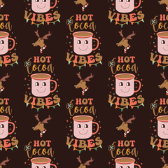 Retro Groovy Christmas seamless pattern with . Cute Holidays background. Wrapping design. Stock vector