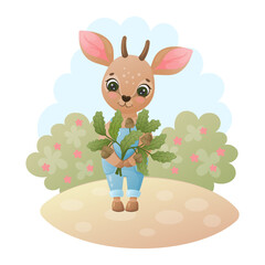 Cute antelope baby with oak twigs and acorns. Bambi. Vector children illustration. Cartoon style.