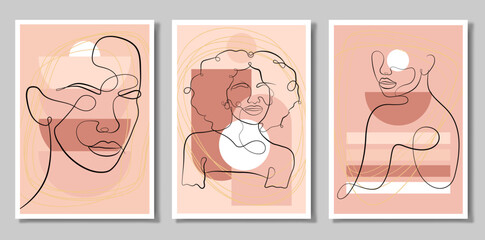 A set of three paintings. An abstract figure. Minimalistic vector posters: portrait of a woman, circles, squares, branches, abstraction. For postcards, posters, posters, brochures, cover design.