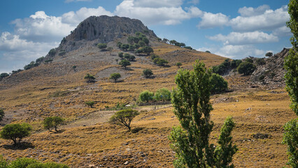 landscape of an imposing volcanic mountain and sky cloud with various trees on the slope of the valley, Imbros Island, Gokceada, Canakkale Turkey