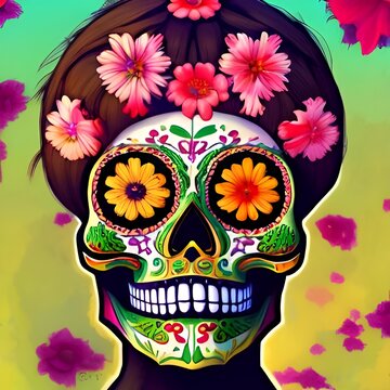 Illustration of a Mexican Skull with colourful floral ornament