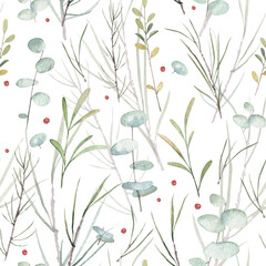Seamless pattern with hand painted watercolor winter plants. Eucaliptus, fir tree branxhes and mistletoe. Wallpaper and wrapping paper soft design