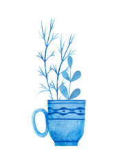 A blue cup with a bouquet of herbs. Watercolor illustration.
