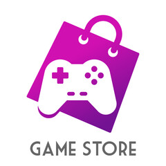 Logo con texto Game Store con joystick gamer en espacio negativo sobre bolsa de la compra
