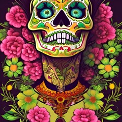 Illustration of a Mexican Skull with colourful floral ornament