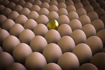 3d rendering of golden egg standing among rows of chicken eggs. Stock image.