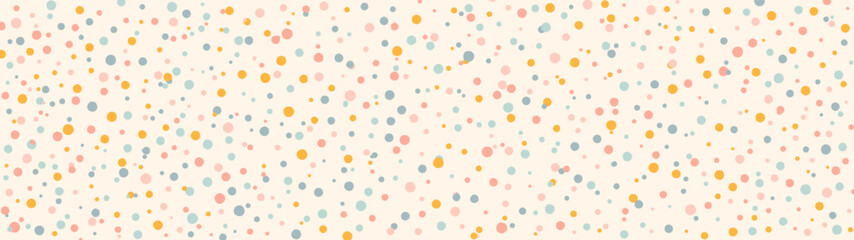 Cute abstract horizontal panoramic background with pastel colored confetti. Multi colored polka dot backdrop. Pop art style textures. Vector design layout for banners presentations, flyers, posters