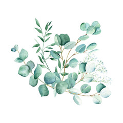 Watercolor greenery bouquet. Eucalyptus, gypsophila and pistachio branches. Hand drawn botanical illustration isolated on white background. Can be used for greeting cards, posters, wedding and baby