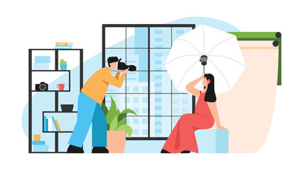 Vector illustration of photo studio. Cartoon scene with photographer and posing model who are filmed in the studio on white background.