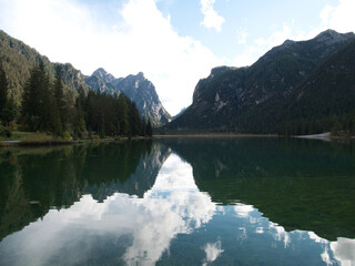 Autumn morning after the rain by the lake of Dobbiaco(Toblacher See). South Tyrol, province of...