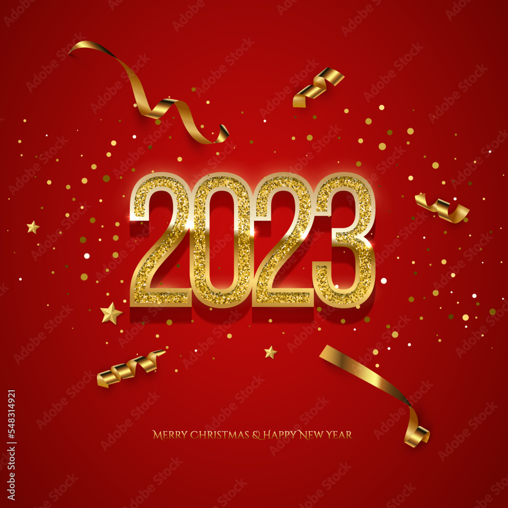 Wall mural 2023 happy new year greeting card vector template. festive christmas social media banner design with