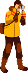Man taking pictures in winter semi flat color raster character. Standing figure. Full body person on white. Shooting outdoors simple cartoon style illustration for web graphic design and animation