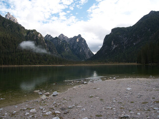 Autumn morning after the rain by the lake of Dobbiaco(Toblacher See). South Tyrol, province of...