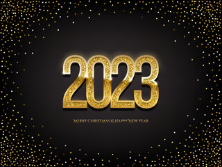 Happy New Year banner vector template. Winter holiday, Christmas congratulations. Festive postcard, luxurious greeting card concept. Gold 2023 numbers with golden glitter.